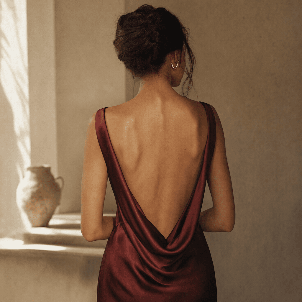 Open-back claret slip dress, seen from behind