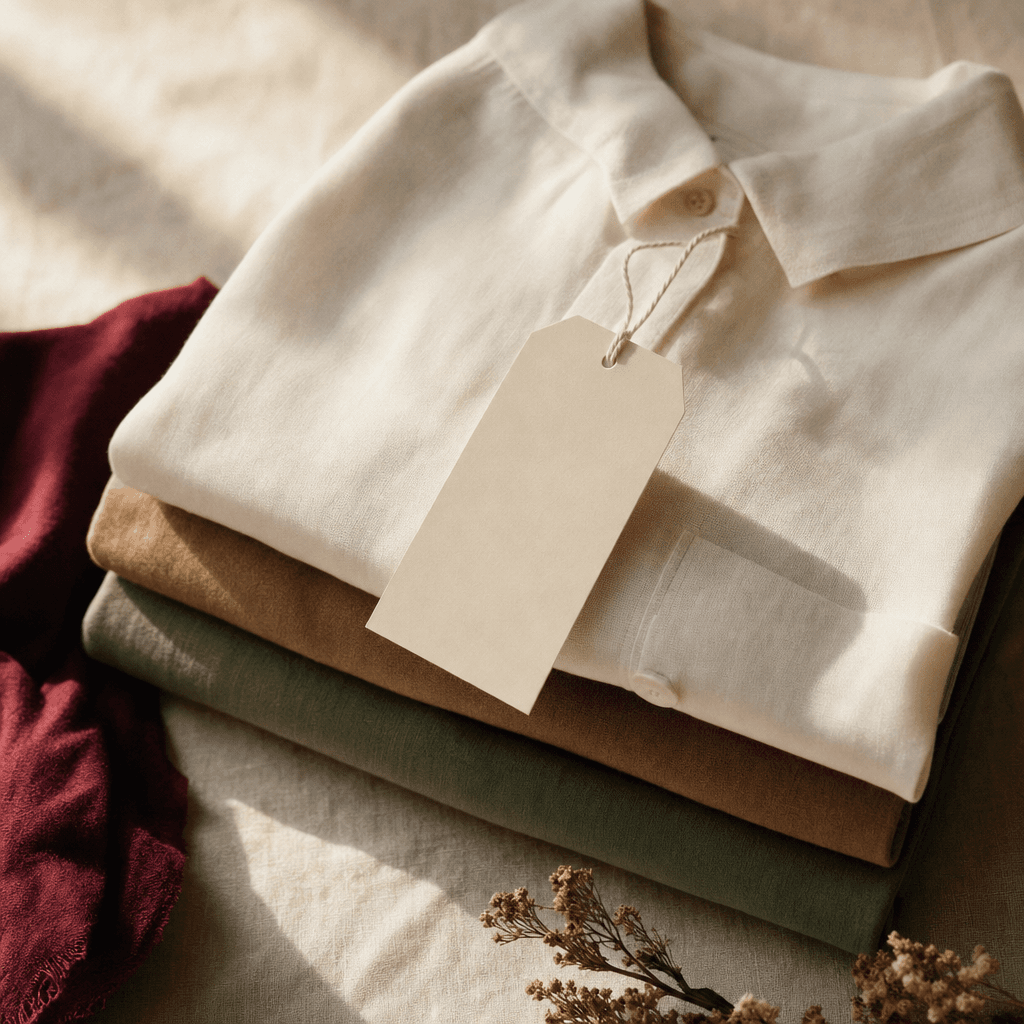 Folded ivory, camel and sage garments with a blank hangtag